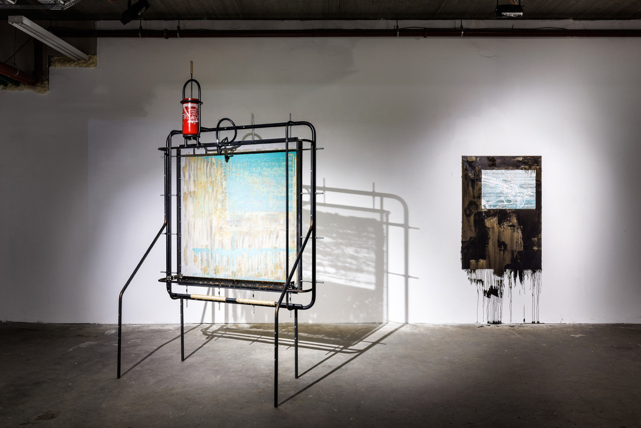Collectif Grapain - Presse à poussières, 2026(Steel, fire extinguishers, silk, leather, beeswax, hemp rope, copper, motor oil.)280 × 190 × 120 cm.Collaboration with Francois Dufeil. On the wall + edition of 8 prints paper.Ann&nbsp;?, Fluxus Art Projects, Le Wonder, Bobigny (FR)Photo: Salim Santa Lucia 
